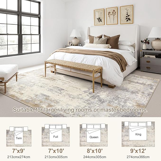 UERMEI 8x10 Area Rug Living Room Rugs - Washable Neutral Modern Abstract Soft Thin Rug Indoor Floor No Slip Rug Carpet for Bedroom Under Dining Table Home Office Decor - Light Brown/Gray
