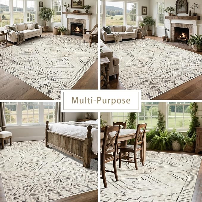 Washable Rugs 8x10 Area Rugs for Living Room,Bedroom,Dining Room- Large Ultra Soft Faux Wool Retro Carpet,Non Slip&Non-Shedding Low Pile Morocco Rug for Farmhouse Home Office Dorm(Beige-Brown)