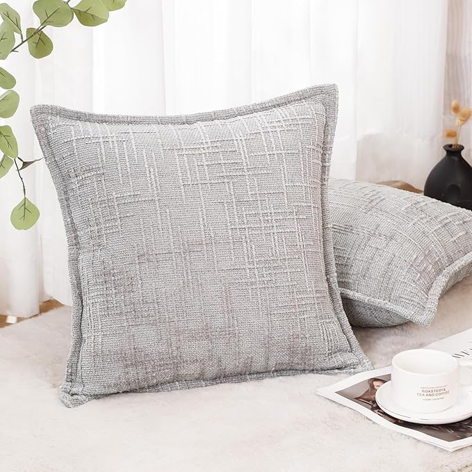 HPUK Fall Chenille Soft Throw Pillow Covers 18x18 Set of 2, Accent Cushion Covers for Living Room, Bedroom, Decorative Solid Color Pillow Covers for Couch, Sofa, Chair, Grey