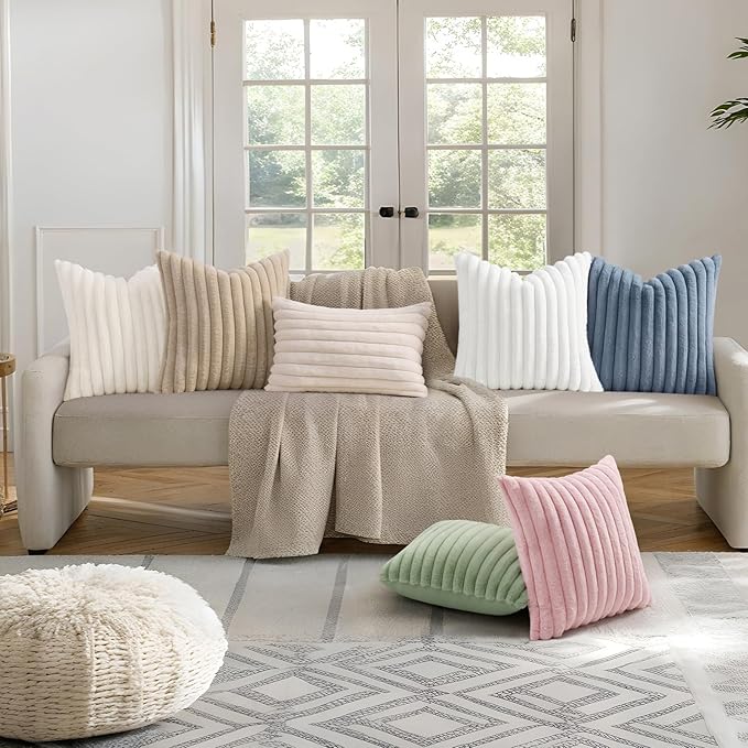 decorUhome Summer Cozy Faux Fur Throw Pillow Covers 16x16 Set of 2 Decorative Soft Plush Striped Modern Farmhouse Boho Couch Pillow Cases with Velvet Back for Sofa Bed Living Room, Sage Green