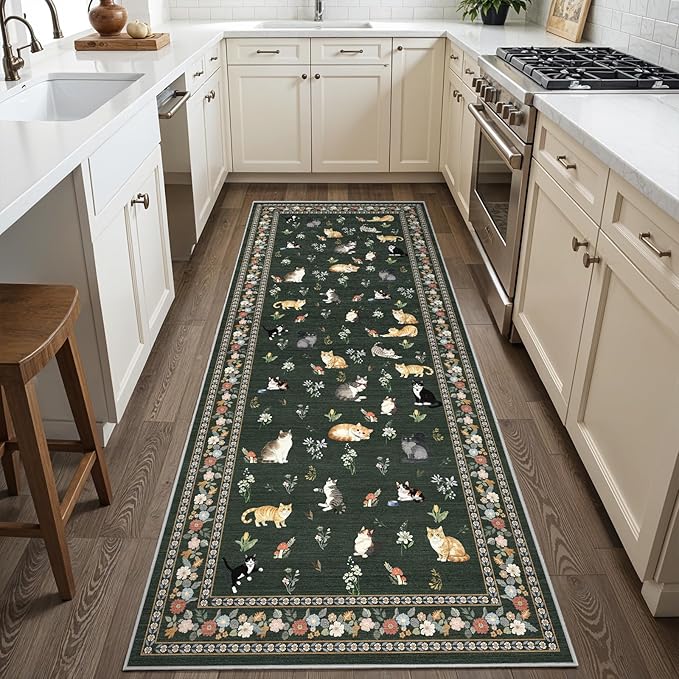 2x6 Washable Kitchen Runner Rug - Soft Low Pile Floral Animal Cat Print Rugs with Non-Slip Backing Waterproof Stain-Resistant Indoor Carpet for Hallway Entryway Bathroom Bedroom (Sage Green)