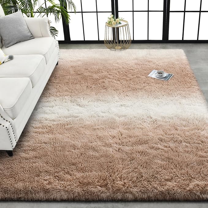 TWINNIS Super Soft Shaggy Rugs Fluffy Carpets, 5x8 Feet, Indoor Modern Plush Area Rugs for Living Room Bedroom Kids Room Nursery Home Decor, Upgrade Anti-Skid Rectangular Fuzzy Rug, Tan White