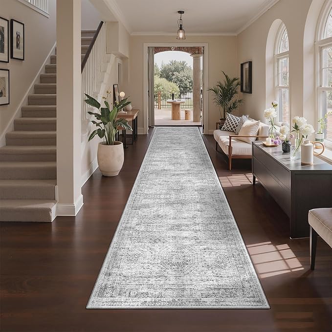 3x12 Runner Rug for Hallway, Non-Slip Long Bathroom Rugs Runner for Kitchen, Bedroom, Soft Vintage Abstract Washable Rug for Entryway, Thin Floor Mat for Dining Room(3'x12', Grey/Ivory)