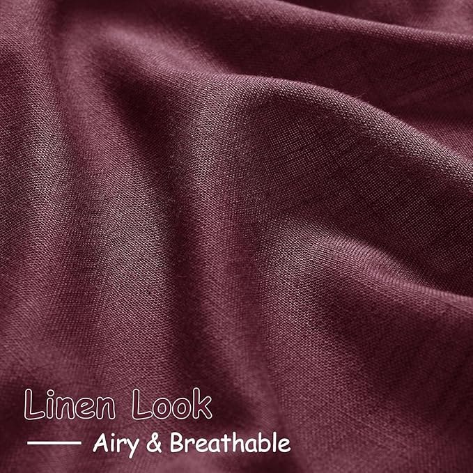 Nanspring Burgundy Linen Curtains for Living Room 100 Inches Long Light Filtering Semi Sheer Curtain Back Tab Vintage Boho Decor Elegant Luxury Drapes for Bedroom Dinner Room 52x100, 2 Panels