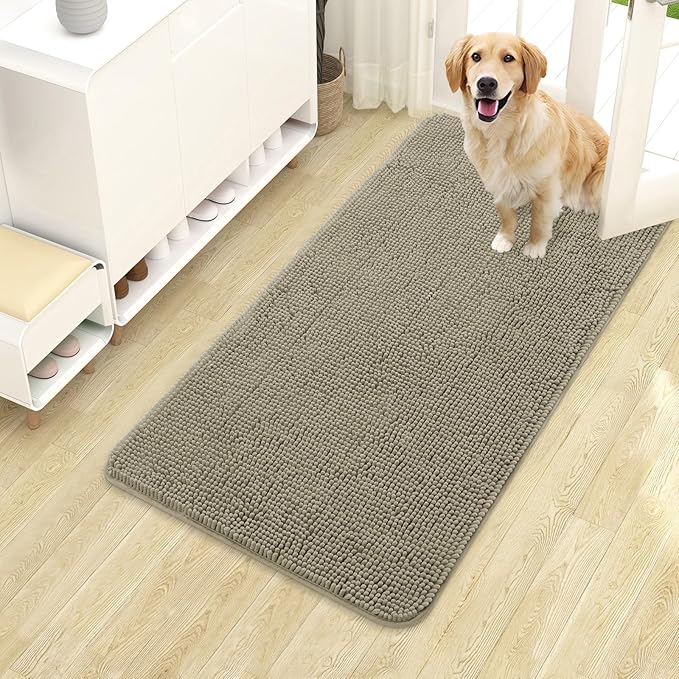 OLANLY Dog Door Mat for Muddy Paws 40x24, Absorbs Moisture and Dirt, Absorbent Non-Slip Washable Doormat, Quick Dry Chenille Mud Mat, Entry Indoor Entryway Carpet for Inside Floor, Warm Taupe