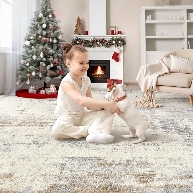 UERMEI Area Rug Living Room Rugs - Washable Neutral Modern Abstract Soft Thin Large Rug Indoor Floor No Slip Rug Carpet for Bedroom Under Dining Table Home Office Decor-Light Brown/Gray-7'x 9'