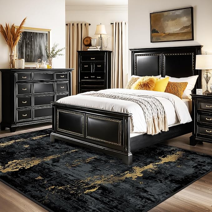 Washable Area Rugs 6'x8' Non-Slip Modern Abstract Soft for Living Room Entryway Bedroom Nursery, Print Pattern, Dark Black Gold