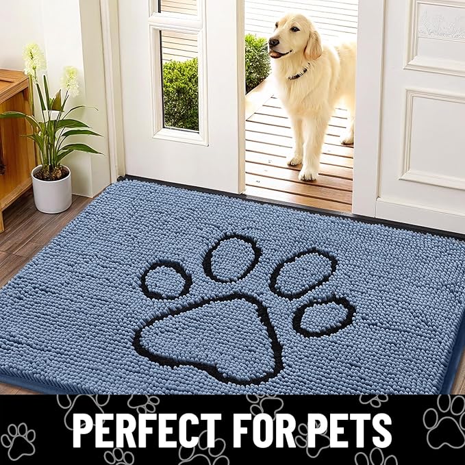 Smiry Dog Door Mat for Muddy Paws, Absorbent Dirt Trapper Non Slip Quick Dry Washable Chenille Mat for Mud Dogs, Entry Rug for Indoor and Outdoor (30x20 Inches, Airy Blue and Black)