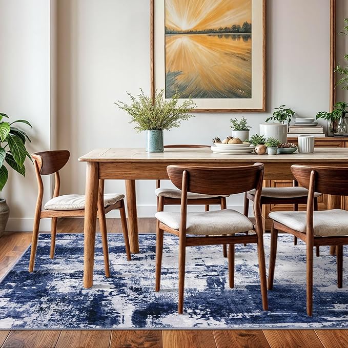 KOZYFLY Modern Abstract Area Rugs 5x7 Navy Blue Machine Washable Thin Rug for Bedroom Non-Slip Living Room Rug, Faux Wool Soft Low Pile Office Carpet for Dining Room, Bedroom, Kitchen