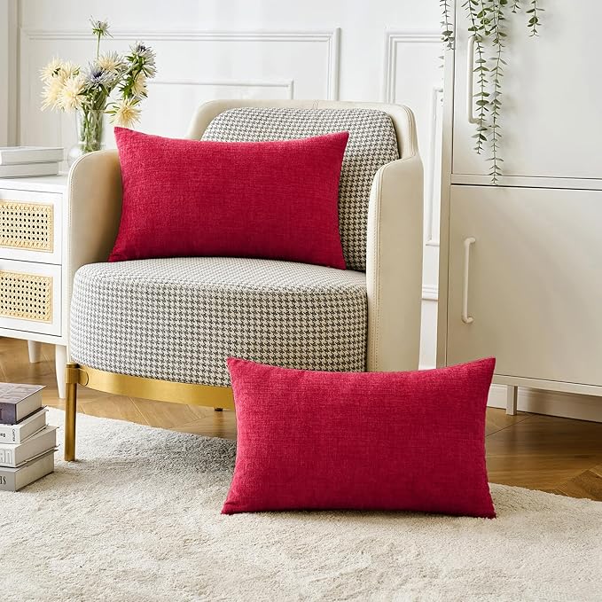 MIULEE Pack of 2 Red Couch Throw Pillow Covers 12x20 Inch Soft Chenille Lumbar Pillow Covers for Sofa Living Room Solid Dyed Cases