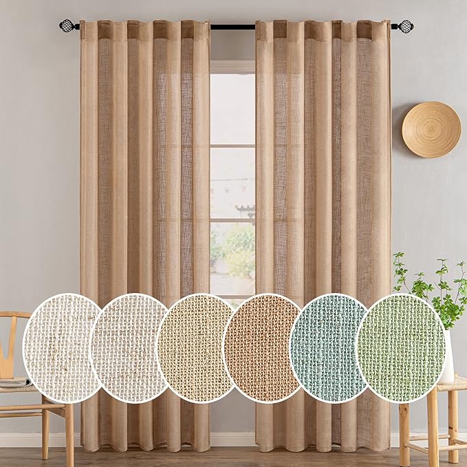 MIULEE Brown Linen Curtains 84 Inch Length for Bedroom Living Room, Soft Thick Linen Textured Window Drapes Semi Sheer Light Filtering Back Tab Rod Pocket Burlap Look, 2 Panels, 37x84 Inches