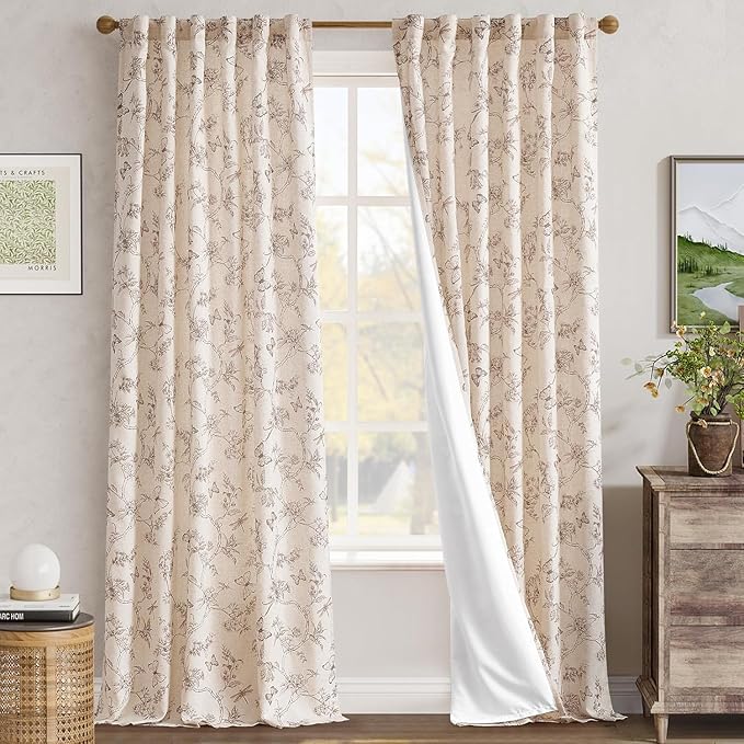 jinchan Floral Curtains Lined Linen Blend Curtain for Living Room 96 Inch Length Taupe Farmhouse Flower Patterned Curtain French Country Curtains Drapes Back Tab Rod Pocket 2 Panels