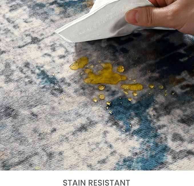 Living Room Rug 7x10 Ultramarine Area Rugs Machine Washable Abstract Boho Large Rug Non-Slip Non-Shedding Faux Wool Indoor Vintage Carpet for Bedroom, Classroom, Dining Room, Kids Playroom