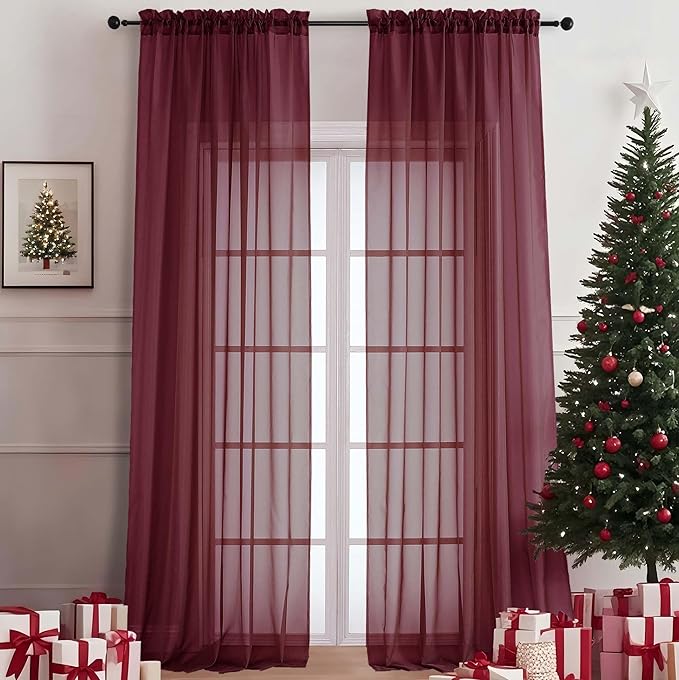 OVZME Burgundy Sheer Curtains 108 Inches Long 2 Panels Set, 59 Inch Extra Wide Lightweight Airy Burgundy Sheer Curtain for Living Room Bedroom, Filmy Voile Rod Pocket, 59Wx108L Inches