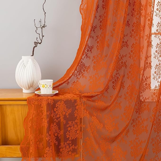 YJ YANJUN Vintage Lace Curtains 72 Inches Long-Rustic Floral Pattern Burnt Orange Sheer Curtain Panels for Dining Room Bay Window Bedroom Privacy Boho Farmhouse Autumn Fall Decor 2 Panels 52W x 72L