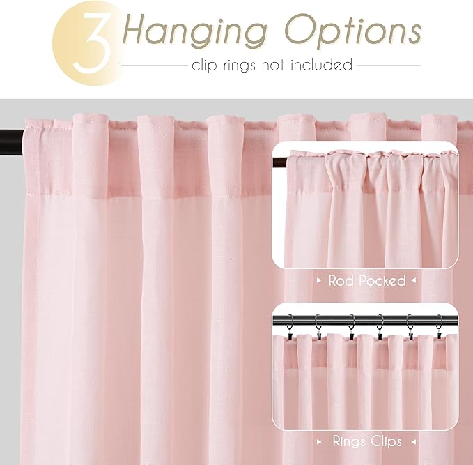 Blush Pink Semi Sheer Linen Curtains for Girls Bedroom Room 96 Inches Long Light Filtering Back Tab Curtain Living Room Farmhouse Linen Look Shiny Sheer Drapes Baby Pink 52ﾗ96 Inch