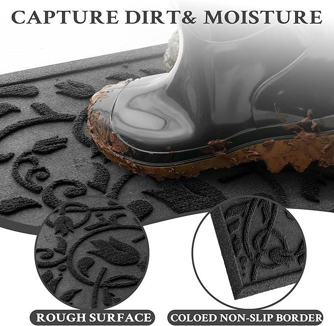 Boho Black Floral Leaves Outdoor Indoor Entrance Doormats, Absorbent Durable Heavy Duty Welcome Front Door Mat,Thick Natural Rubber Back,Easy Clean Entryway Mat 17x30 Inch, Low Profile