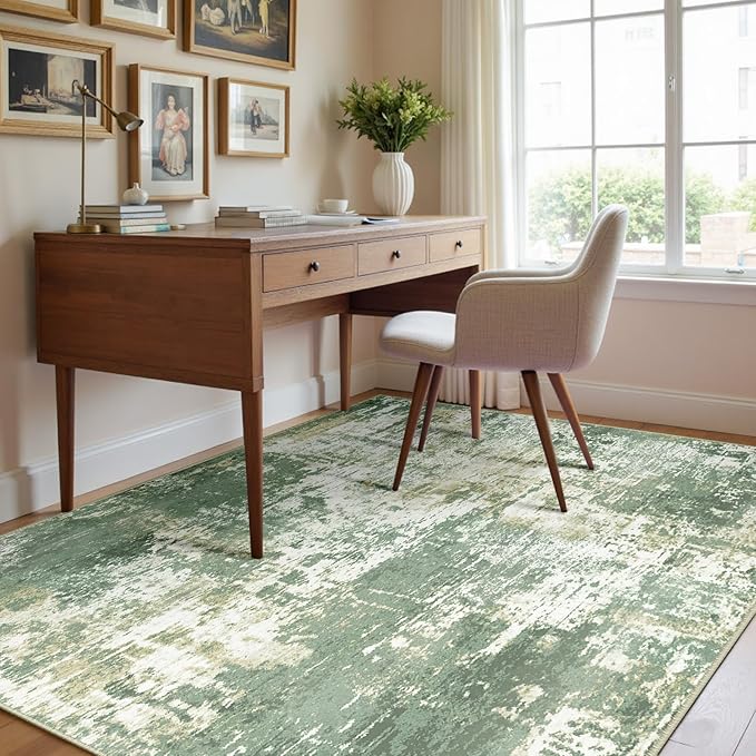 Washable Area Rugs 4'x6' Non-Slip Modern Abstract Soft for Living Room Entryway Bedroom Nursery, Print Pattern, Light Green/Yellow