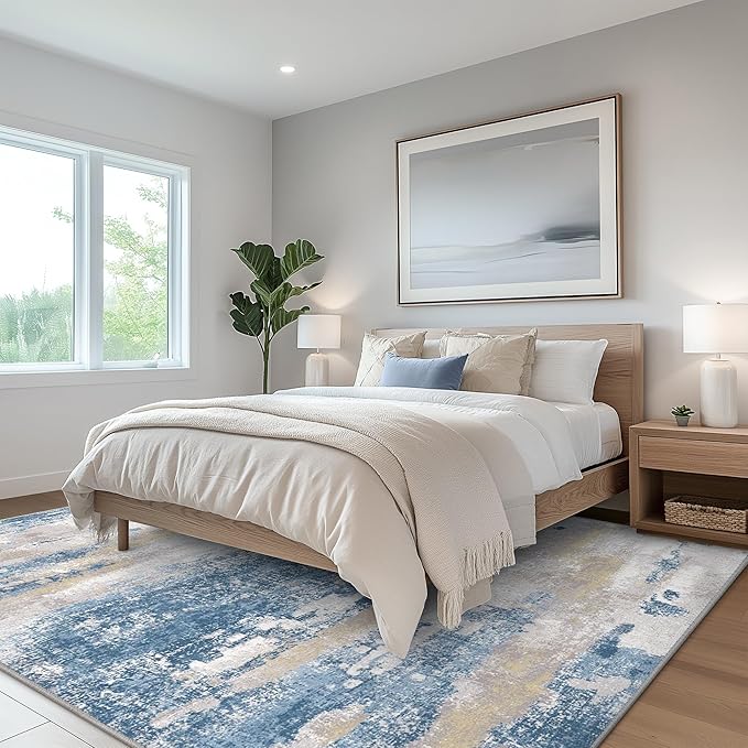 BEIMO Area Rugs 8x10 for Living Room Bedroom, Modern Abstract Machine Washable Soft Blue Cream Rug, Floor Carpet with Non Slip Backing for Dining Room
