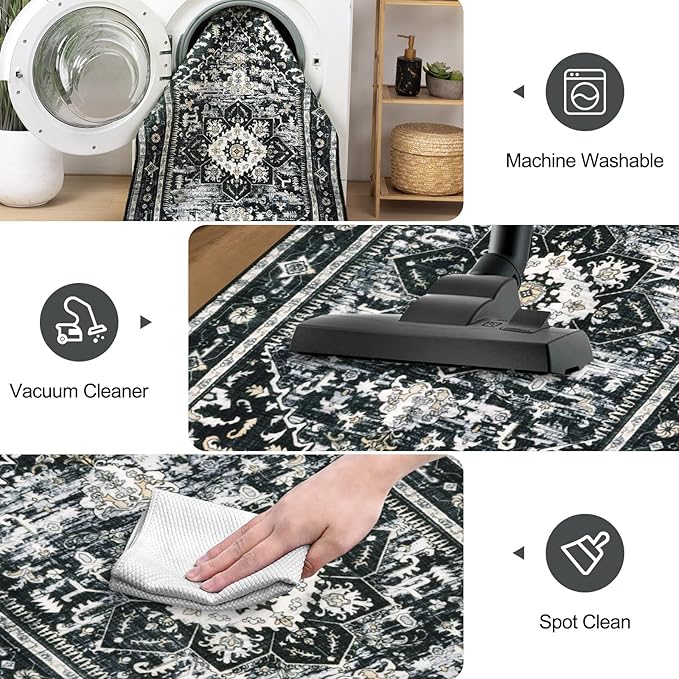 Yamaziot Washable Runner Rug, 2x8 Non-Slip Boho Vintage Hallway Rug Runner with Rubber Backing, Stain Resistant & Low Pile Distressed Carpet Runner for Bedroom, Kitchen, Laundry, Entrance, Black