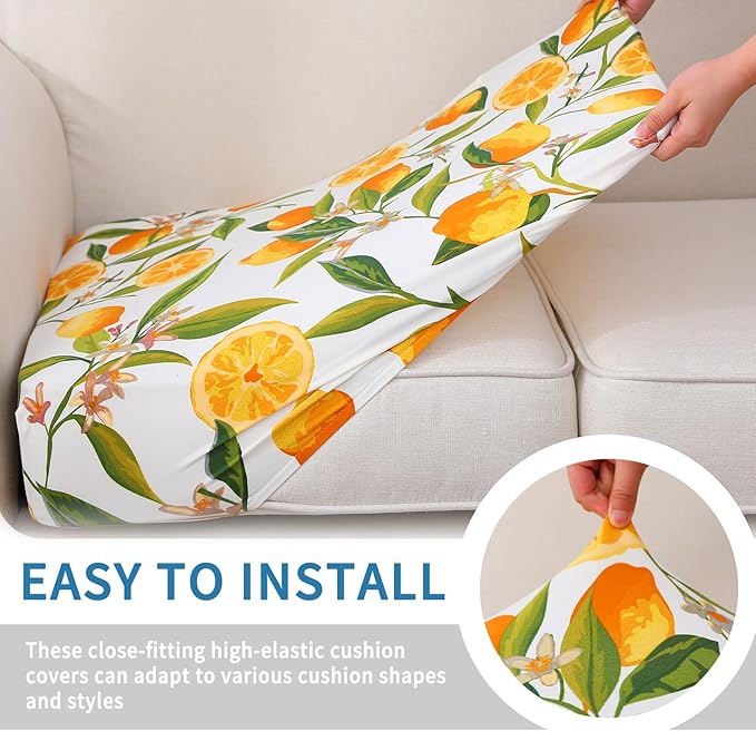 hyha Printed Couch Cushion Covers, Floral Sofa Covers Washable for 2 Cushion Couch, Stretch Pattern Outdoor Cushion Covers for Patio Furniture with Elastic Bottom(Medium, Lemon)
