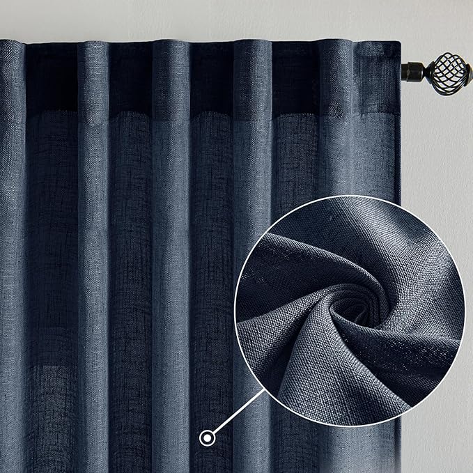 MIULEE Navy Blue Short Linen Curtains 45 Inch Length 2 Panels for Boys Bedroom Bathroom, Soft Thick Linen Textured Natural Kitchen Window Drapes Semi Sheer Light Filtering Back Tab Burlap Look Decor