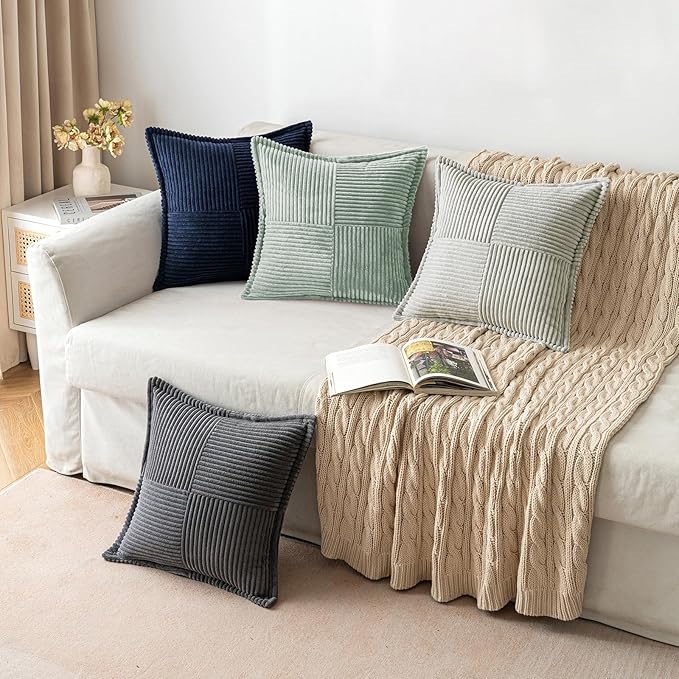 MIULEE Spring Decorative Throw Pillow Covers for Couch Bed Livingroom 16x16 Inch Set of 2 Greyish Green Boho Accent Throw Pllows Broadside Striped Patchwork Soft Corduroy Summer Pillowcases