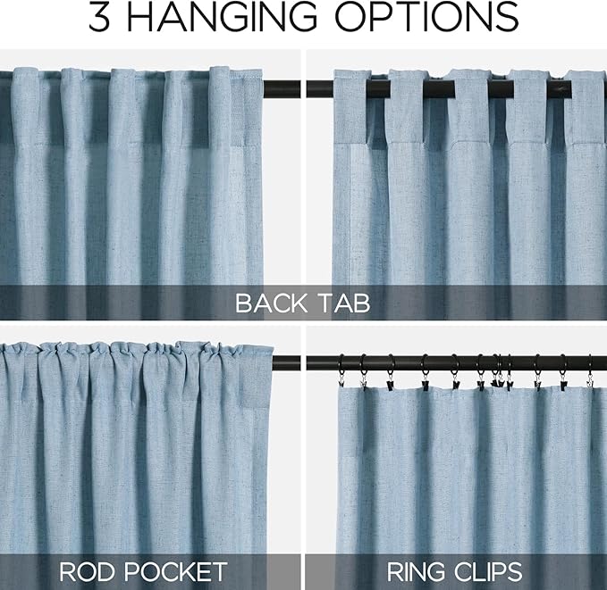 Nanspring Dusty Blue Linen Back Tab Curtains 94 Inch Length for Living Room 2 Panel Set Neutral Modern Farmhouse Window Curtain Privacy Semi Sheer Linen Drapes Rustic Country Window Treatment 52x94
