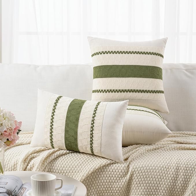 Fancy Homi Set of 1 Boho Moss Green Lumbar Decorative Throw Pillow Cover 12x20 Inch for Couch Bed Sofa Chair, Modern Organic Farmhouse Home Decor, Soft Cotton Cute Accent Rectangle Cushion Case