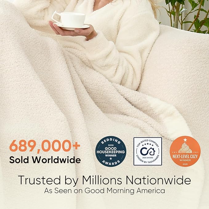 Snuggle Sac Heather Throw Blanket for Couch, Reversible Super Soft Blankets Warm Cozy Knit Fuzzy Plush Lightweight for Sofa, Bed, Camping, Picnic (Heather Ivory, Throw-XL(50"x 70"))