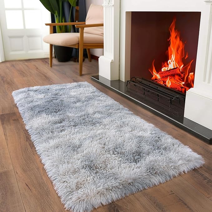 Ultra Soft Runner Rugs for Bedroom Hallways with Upgraded Non-Slip Rubber Backing & Thick Memory Sponge, 2x4 Feet Fluffy Shag Throw Area Rug for Bedside Dorm Tie-dye Light Grey