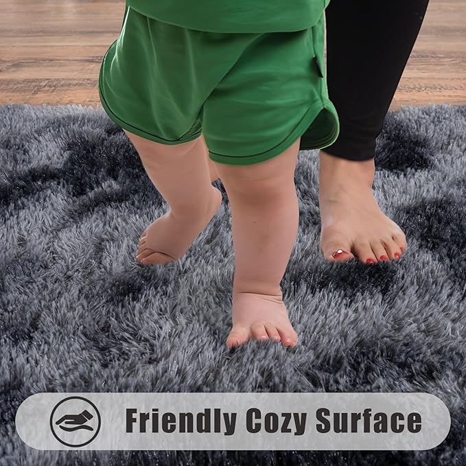 Ultra Soft Runner Rugs for Bedroom Hallways with Upgraded Non-Slip Rubber Backing & Thick Memory Sponge, 2x3 Feet Fluffy Shag Throw Area Rug for Bedside Dorm Tie-dye Dark Grey