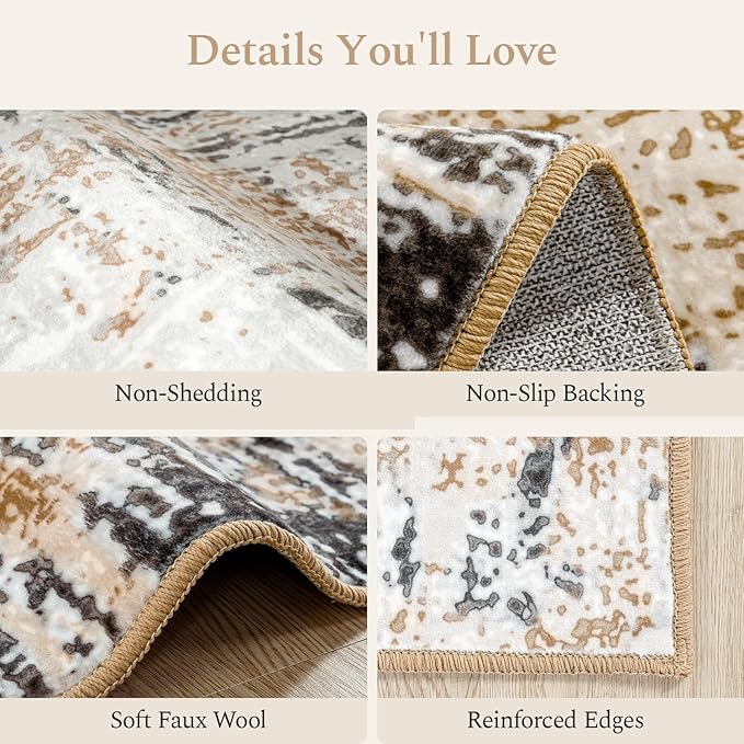 Rugflix 8x10 Washable Area Rugs, Neutral Boho Carpet Living Room Rug Non Slip Stain Resistant, Large Area Rug for Indoor Bedroom Dining Room Office, Brown