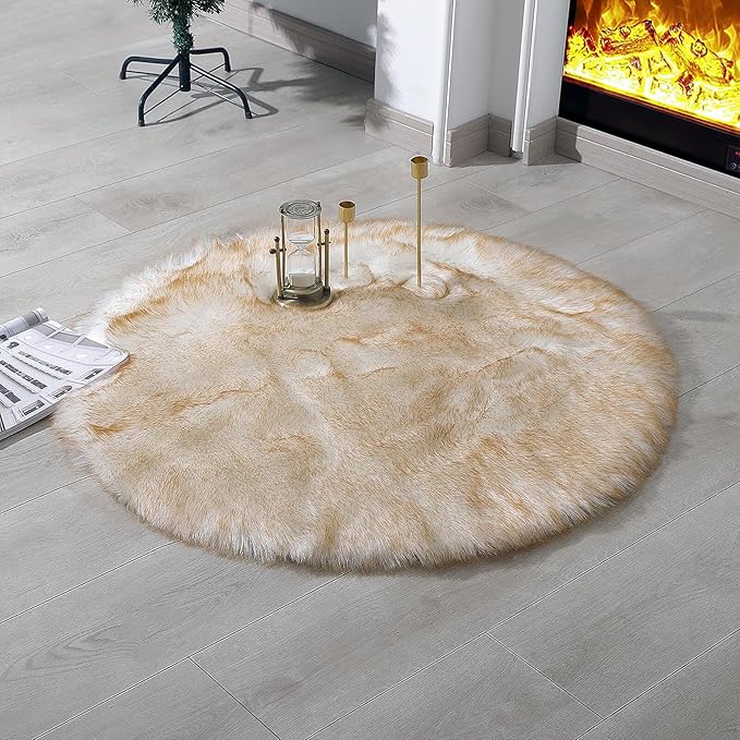 linmopm Faux Fur Rug Sheepskin Shag Fluffy Fuzzy 3x3 ft Rugs for Bedroom Bedside Bed Floor Living Room Plush Round High-Density Cushion Carpet Super Sofa Cover White and Yellow