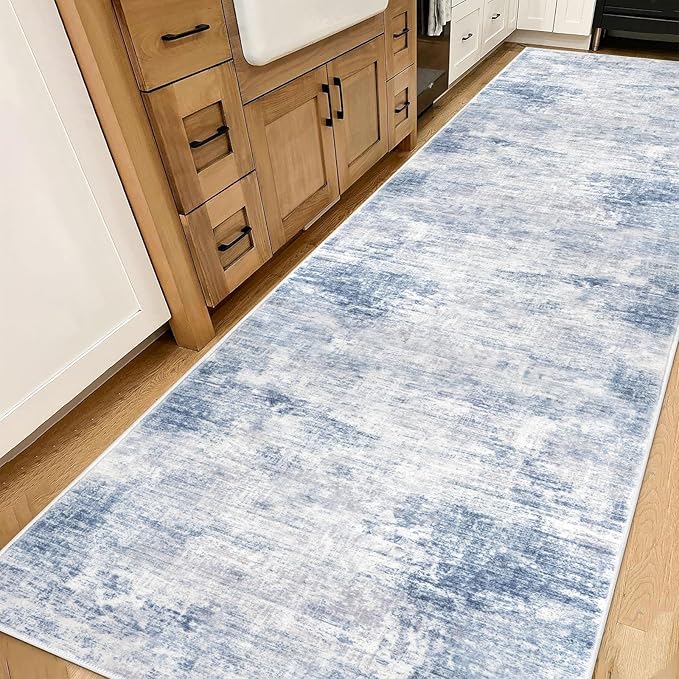 IOHOUZE Abstract Runner Rug 3x14 Ft Washable Runners for Hallways, Non Slip Kitchen Runner Printed Faux Wool Entryway Runner Indoor, Modern Abstract Floor Carpet for Hall Stair, Light Blue Grey