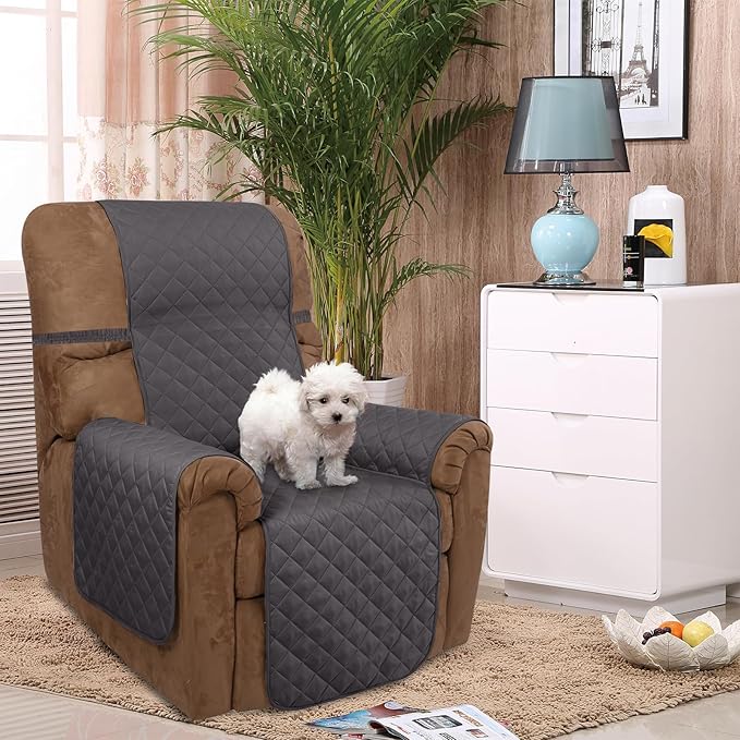 U-NICE HOME Recliner Chair Covers Reversible Quilted Water Repellent Pet Protectors with Elastic Straps (23''Recliner Small, Dark Grey/Light Grey)
