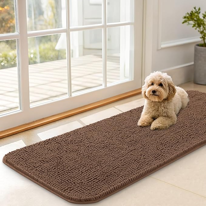 OLANLY Dog Door Mat for Muddy Paws 47x17, Absorbs Moisture and Dirt, Absorbent Non-Slip Washable Doormat, Quick Dry Chenille Mud Mat for Dogs, Entry Indoor Entryway Carpet for Inside Floor, Mocha