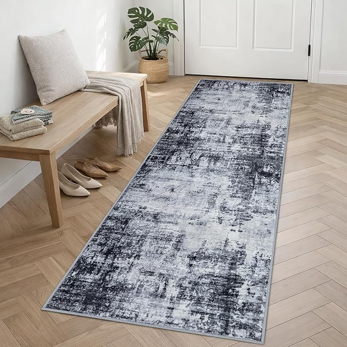 2.6'x8' Runner Rug Washable Rug;Modern Abstract Soft Thin Runner Rug Dark-Black