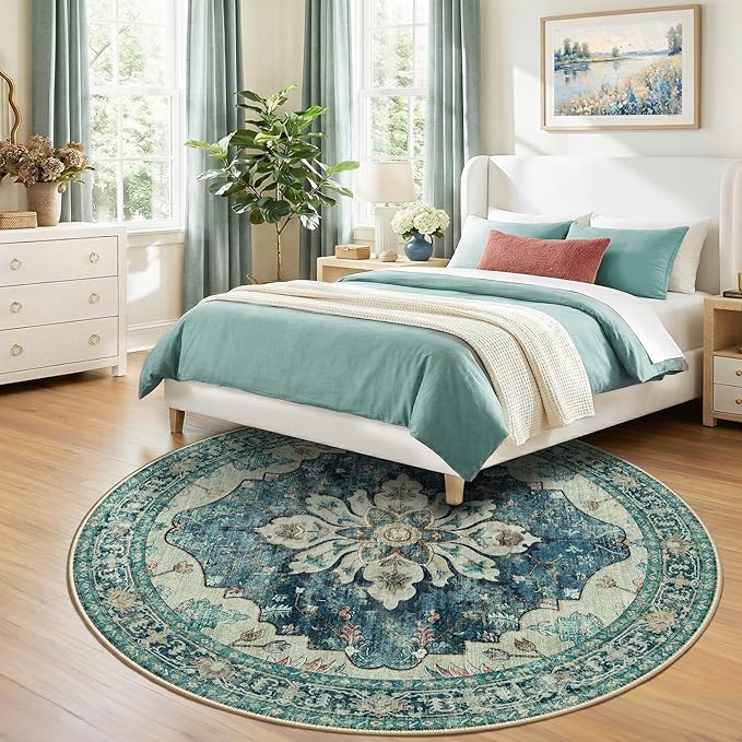 RELEANY Area Rugs 8ft Washable Non-Slip, Floral Vintage Distress Print Pattern Medallion Carpet for Living Room Bedroom Dining Room, Dark Blue Vintage
