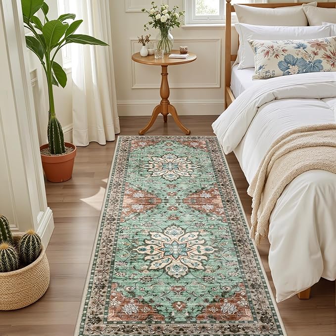 Hallway Runner Rug Non Slip - Washable 2.6x8 Kitchen Rugs for Living Room, Low-Pile Soft Bedroom Rug Indoor Floor Stain Resistant Carpets for Entryway, Laundry, Bathroom Brown Green
