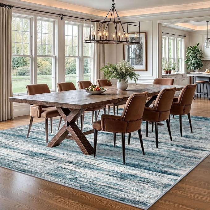 KOZYFLY Area Rug 8x10 Modern Living Room Rug, Washable Large Thin Rugs Non-Slip Soft Striped Rug for Bedroom, Print Blue Abstract Carpet for Laundry/Kid Room