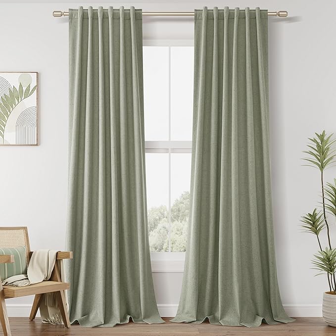 Sage Green 100% Blackout Curtains 40 Inch Wide by 90 Inch for Living Room Bedroom Back Tab Thermal Insulated Black Out Linen Drapes Room Darkening Window Curtains