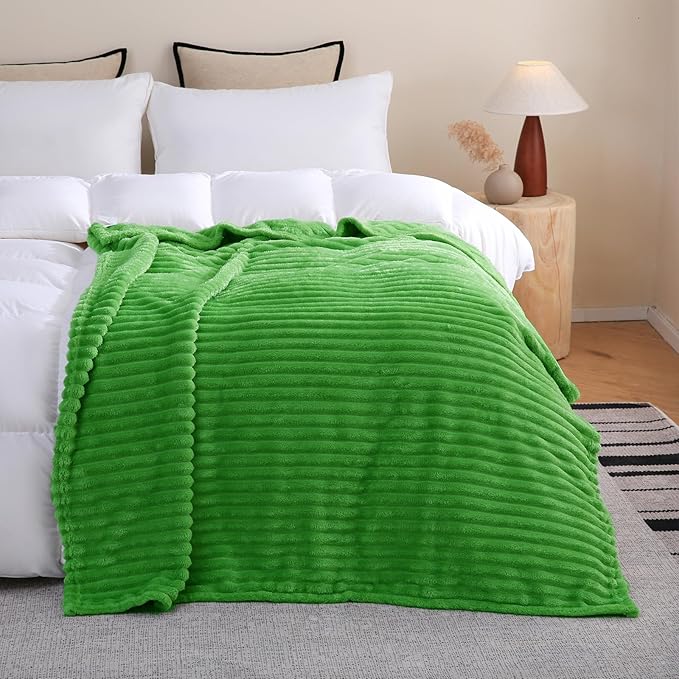 Bright Green Fleece Throw Blanket 50”×60” for Couch Sofa Bed,Super Soft Cozy Plush Microfiber Flannel Blanket with Stripes Design Lightweight for Adults,Woman,Girls