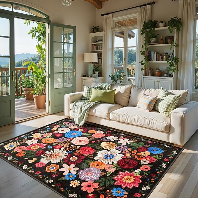 Black/Brown Living Room Rugs, Area Rugs 5x8 Rug for Bedroom Ultra-Thin Soft, Non-Slip Washable Rugs Stain Resistant Boho Rug Low-Pile Throw Rug for ‎Dining Room Office (5 x 8, Black/Brown)