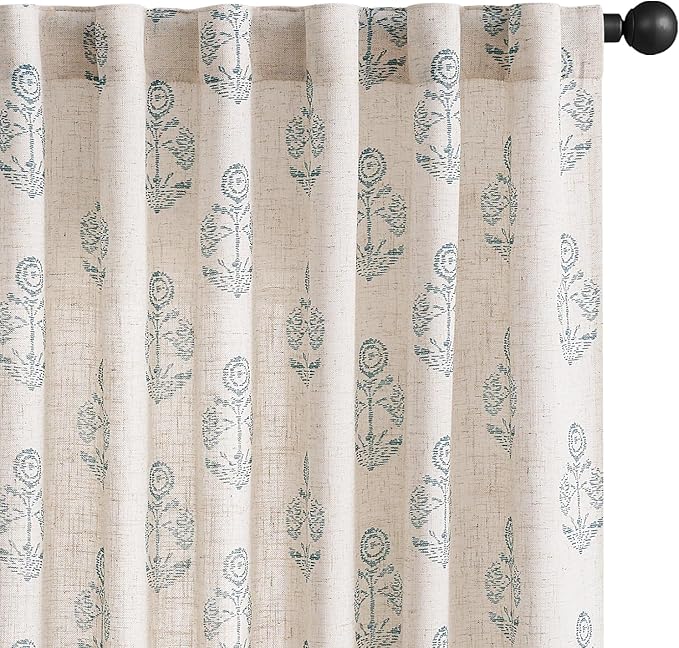 jinchan Linen Floral Curtains for Living Room 84 Inch Length Blue Flower Cottage Core Farmhouse Curtains Rod Pocket Back Tab Boho Semi Sheer Window Drapes Bedroom Set 2 Panels Blue on Beige