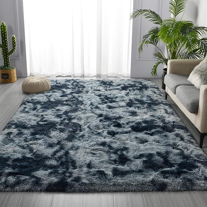 Deerhoo Large Shag Area Rugs 6 x 9, Tie-Dyed Plush Fuzzy Rugs for Living Room, Ultra Soft Fluffy Furry Rug for Bedroom, Indoor Carpet Nursery Rugs for Kids Room Home Decor, Blue and Grey