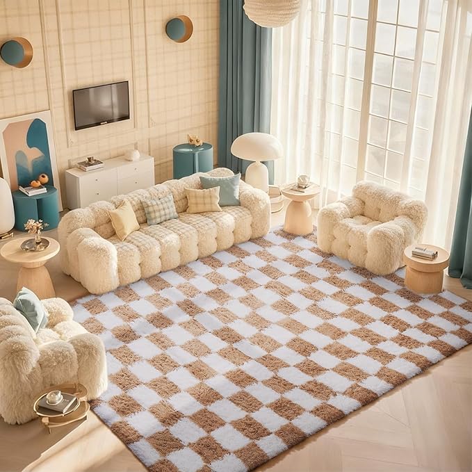 Ophanie Checkered Beige & White Rug for Living Room Bedroom, Fluffy Soft Cute Fuzzy Area Rugs, Shag Plush Shaggy Bedside Floor 6x9 Furry Carpet for Kids Baby Teen Dorm Nursery Home Decor Aesthetic