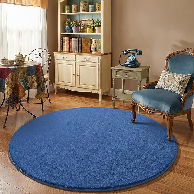 Amearea Blue Round Area Rugs 4ft Washable Circle Rugs for Bedroom Living Room, Fluffy Indoor Thickened Memory Foam Rug, Non Slip Minimalist Circular Carpet for Kids Boys Girls Dorm Nursery Room Decor