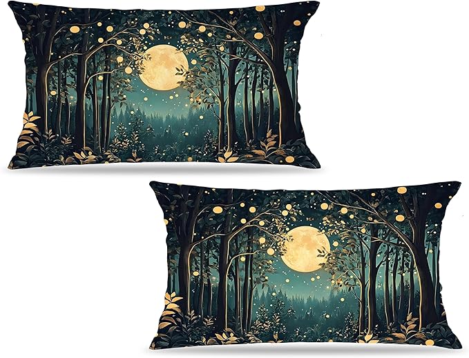 Rustic William Morris Inspired Night Moon Forest Decor Pillow Covers 18x18 Set of 2,Vintage Black and Gold Nature Landscape Botanical Decorative Throw Pillow Covers for Home Bedroom Living Room