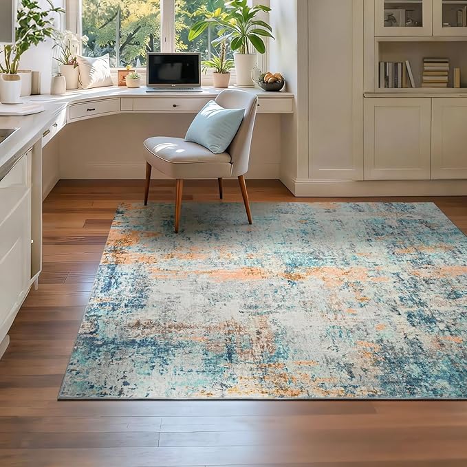 Entryway Rug 3x5 Blue Bedroom Area Rug Washable Non Slip Abstract Boho Rugs for Indoor Entry, Kitchen, Classroom, Bathroom, Kids Girls Room, Office, College Dorm Small Carpet